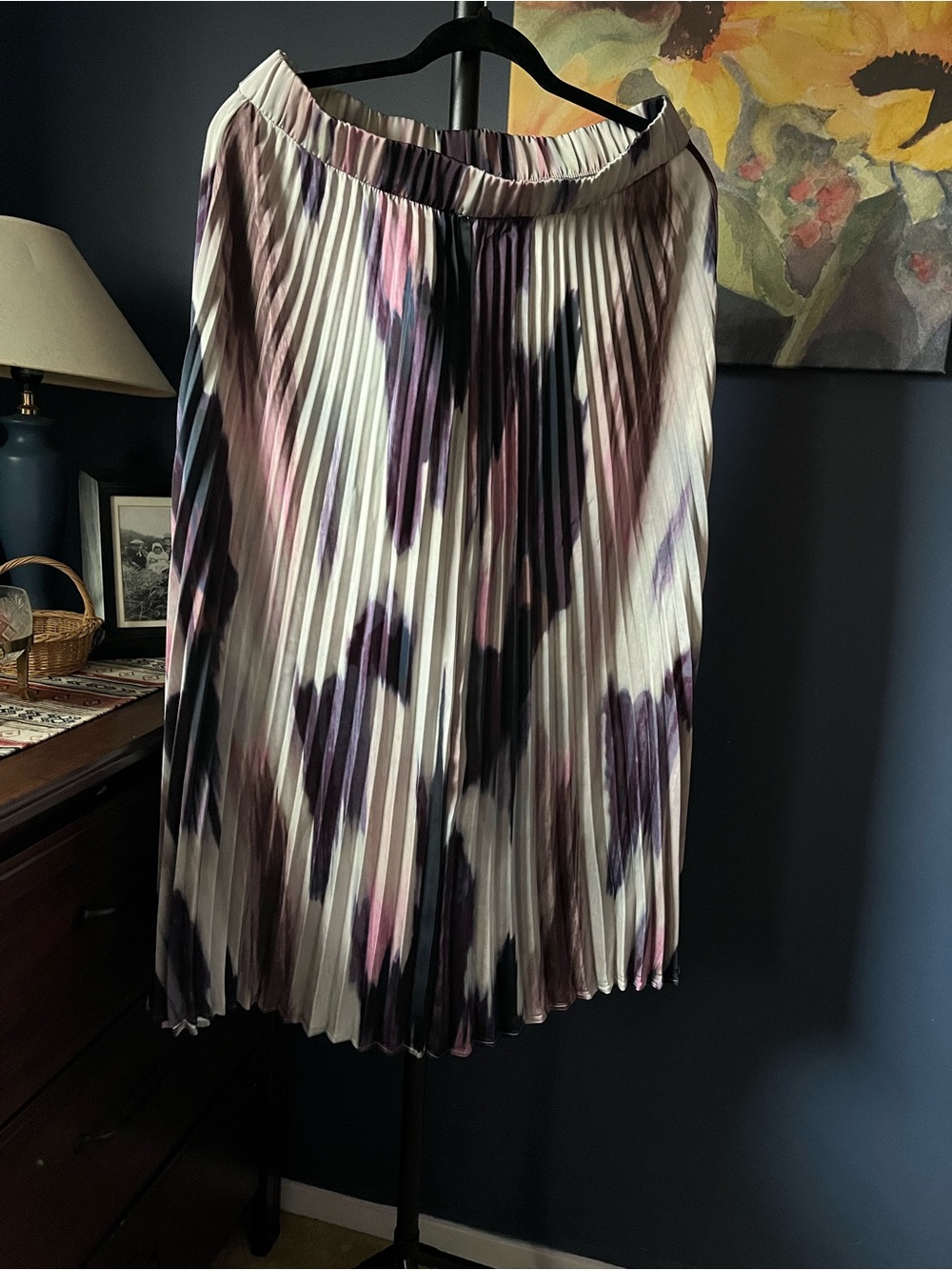 Reitmans Cream Pleated Midi Skirt with Purple & Pink Print